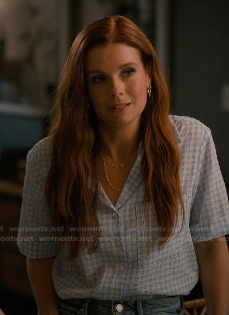 Maddie's blue gingham check top on Sweet Magnolias