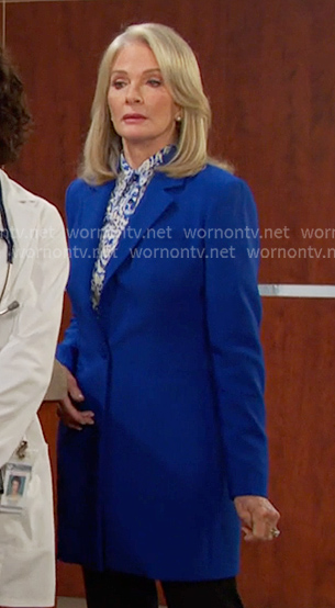 Marlena’s printed shirt and blue long blazer on Days of our Lives