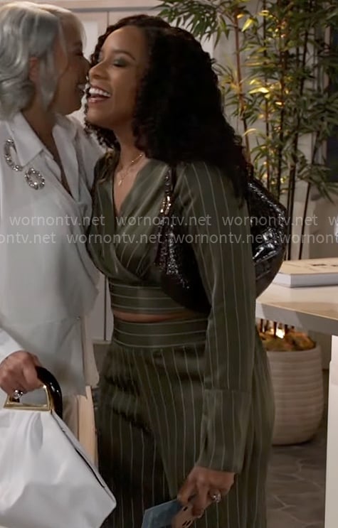 Naomi's green striped wrap top and pants set on Beyond the Gates