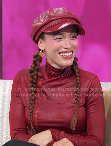 Nezza's red zip front leather top on Access Hollywood