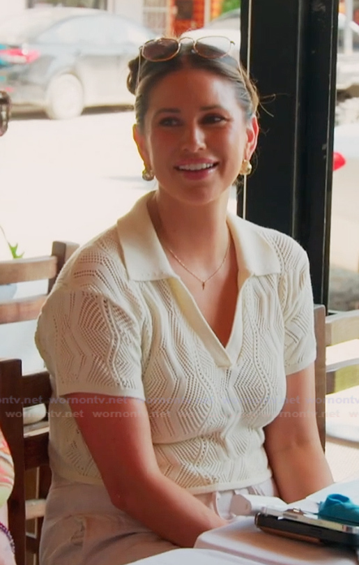 Nia's white crochet knit polo on The Valley