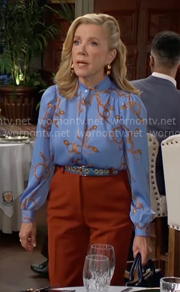 Nikki's blue chain print blouse on The Young and the Restless