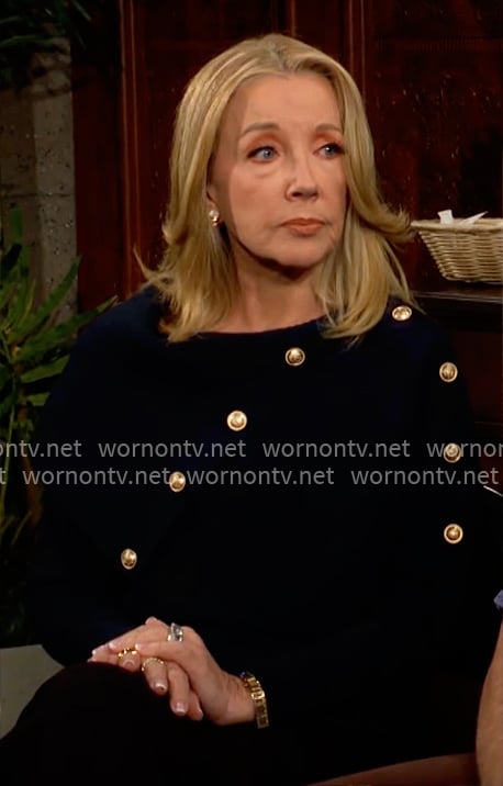 Nikki's navy sweater with gold buttons on The Young and the Restless