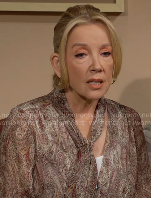 Nikki's paisley print tie-neck blouse on The Young and the Restless