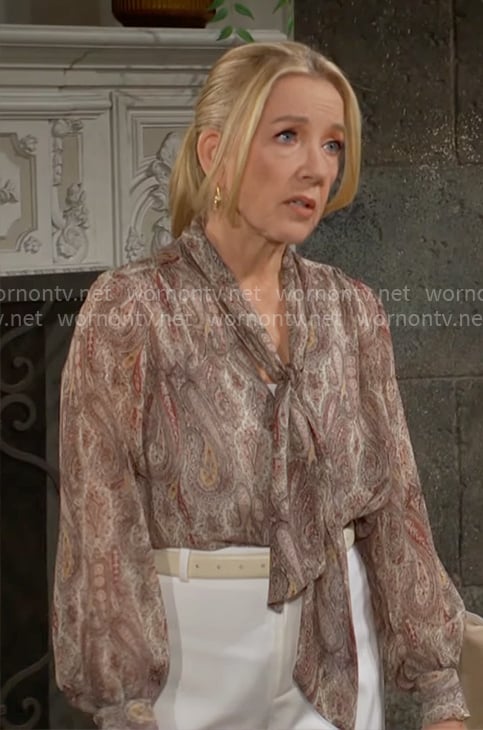 Nikki's paisley print tie-neck blouse on The Young and the Restless