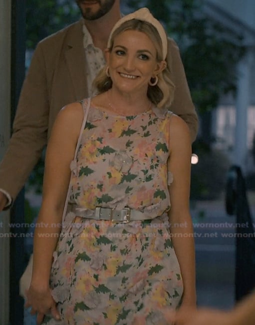 Noreen's pink floral mesh mini dress on Sweet Magnolias