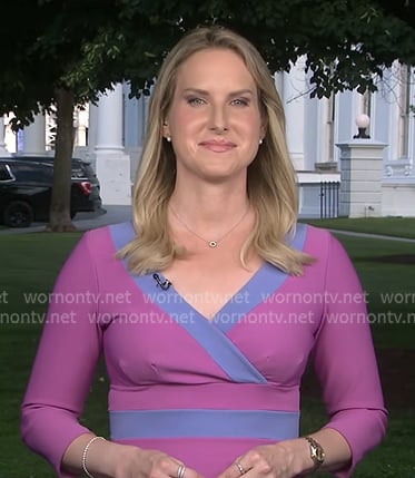 Olivia Gazis's pink colorblock v-neck dress on CBS Evening News