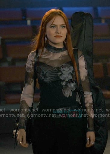 Olivia's black floral mesh top on Sweet Magnolias