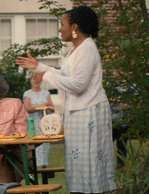 Peggy's blue floral check dress on Sweet Magnolias