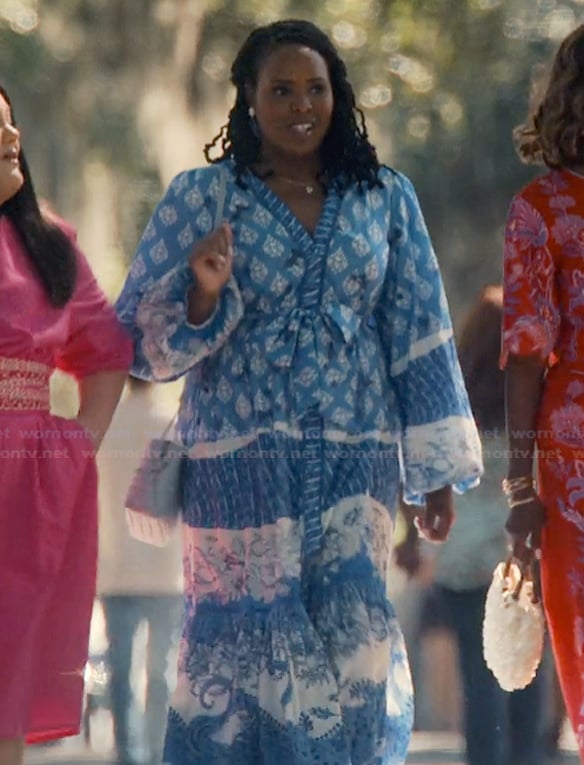 Peggy's blue printed tie waist maxi dress on Sweet Magnolias