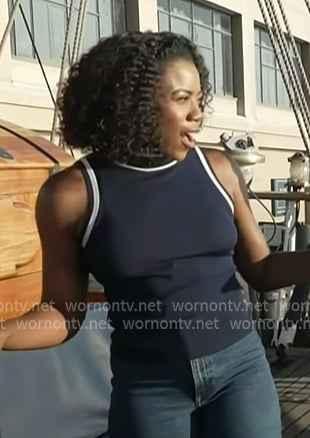 Priscilla Thompson’s navy mock neck sleeveless top on Today