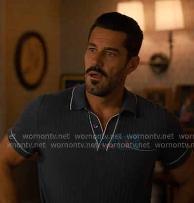 Ronnie's navy ribbed polo with white piping on Sweet Magnolias