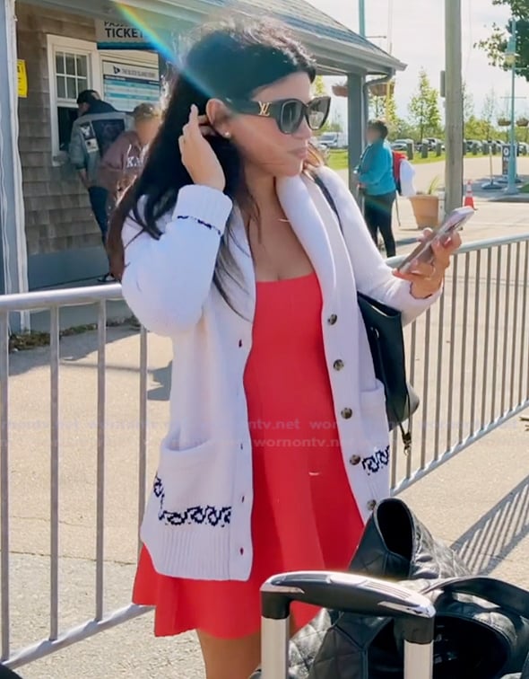 Rosie's white cardigan and dress on The Real Housewives of Rhode Island