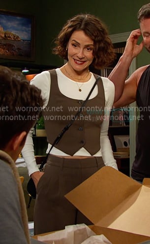 Sarah's brown scoop neck vest and pants on Days of our Lives