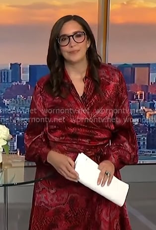 Savannah Sellers's red printed satin wrap dress on NBC News Daily