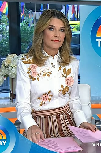 Savannah's floral embroidered shirt and brown stripe skirt on Today