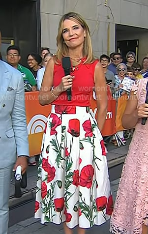 Savannah's red sleeveless polo and floral print skirt on Today