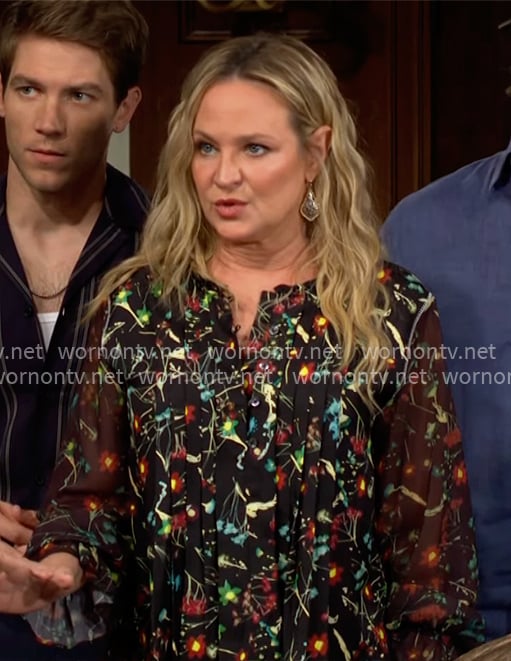 Sharon's black printed blouse on The Young and the Restless