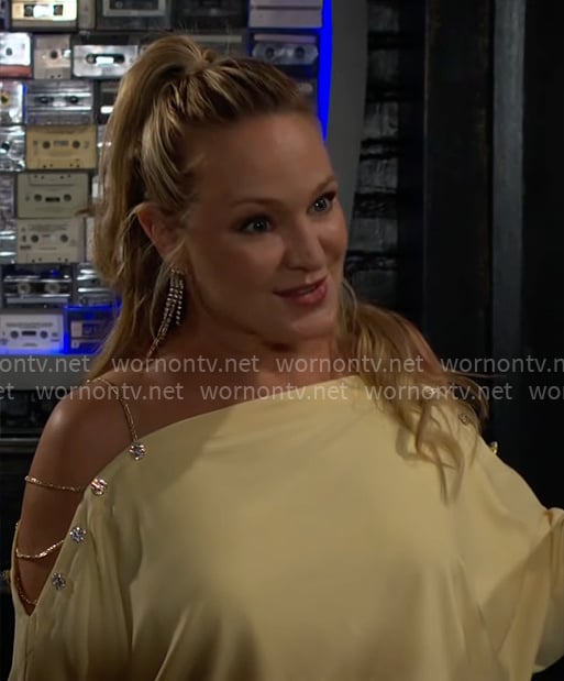 Sharon's yellow chain shoulder sweater on The Young and the Restless
