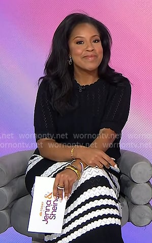 Sheinelle's black pointelle top and striped skirt on Today