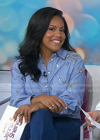 Sheinelle's blue stripe embellished shirt and jeans on Today