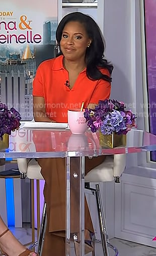 Sheinelle's red polo sweater and brown pants on Today