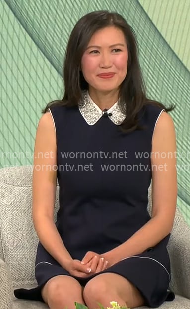 Sophie Chen Keller's navy mini dress with embellished collar on CBS Mornings