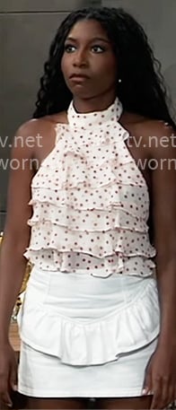 Trina's polka dot ruffle top with white skirt on General Hospital