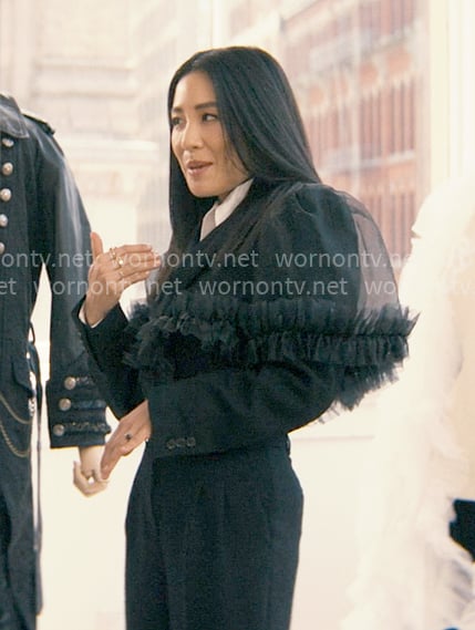 Vanessa's black tulle overlay jacket on Not Suitable For Work