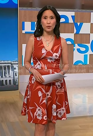 Vicky's red floral sleeveless dress on NBC News Daily