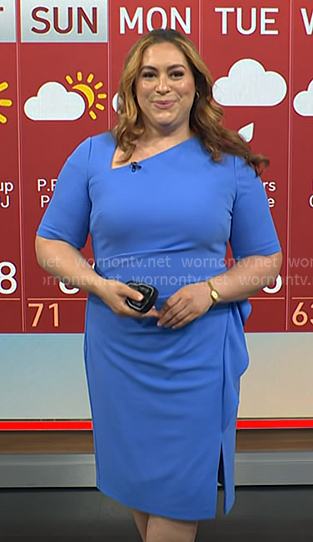 Violeta's blue asymmetric neck ruffle sheath dress on NBC News Daily