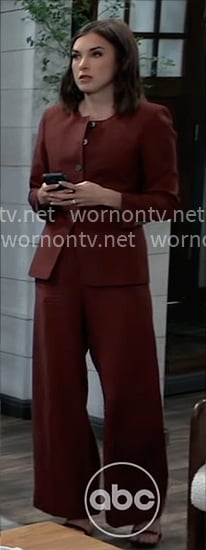 Willow's rust brown jacket and pants suit on General Hospital