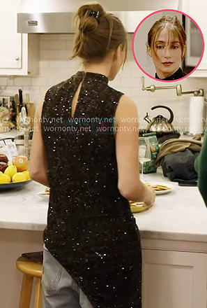 Amanda's black sequin sleeveless knit top on In The City