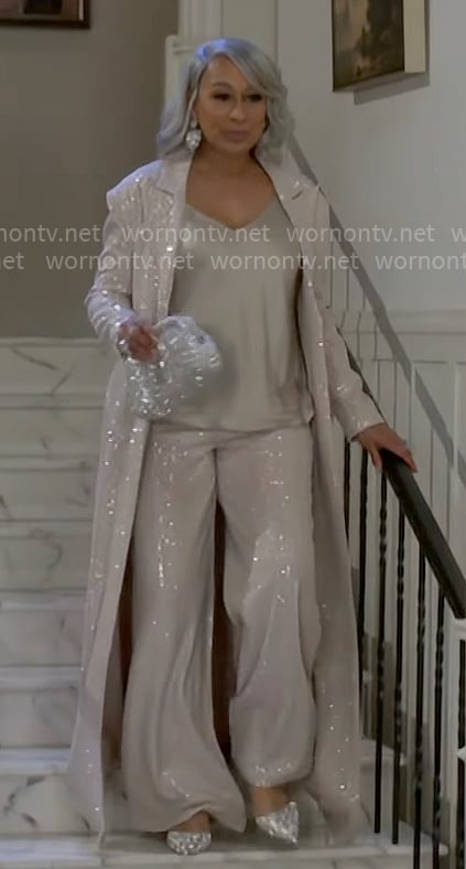 Anita's rhinestone embellished coat and pants set on Beyond the Gates