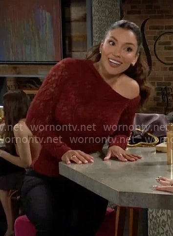 Audra's red lace off-shoulder top on The Young and the Restless