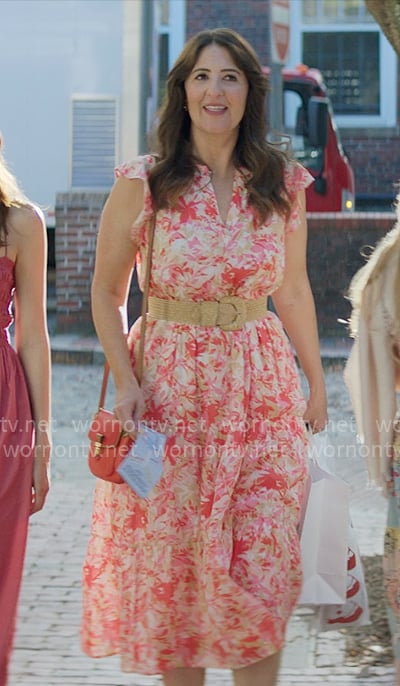 Brooke's floral dress, raffia belt, and red bag on The Five Star Weekend