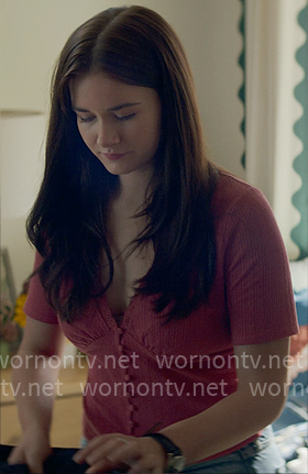 Caroline's pink v-neck knit top on The Five Star Weekend