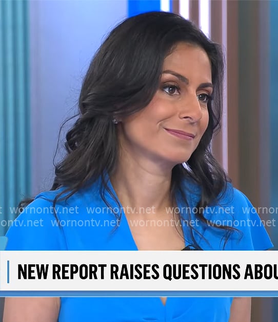 Celine Gounder's blue ruched front dress on CBS Mornings
