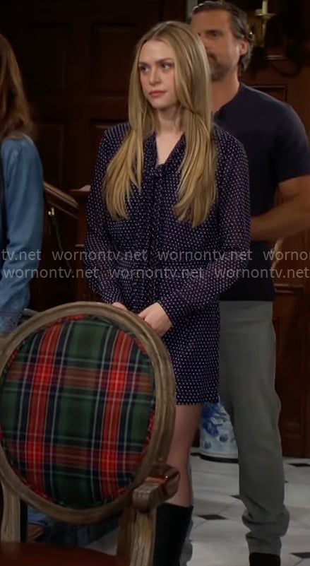 Claire's navy polka dot romper on The Young and the Restless