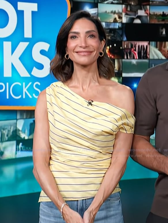 Courtney Lopez's yellow striped off shoulder top on Access Hollywood
