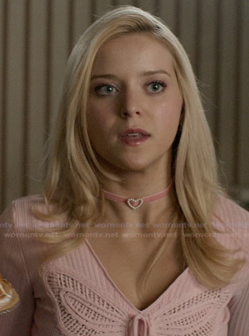 Elle's pink butterfly knit tie cardigan on Elle