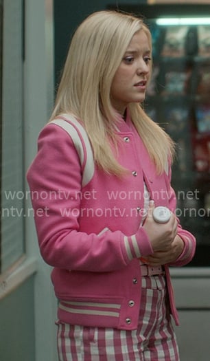 Elle's pink varsity bomber jacket on Elle