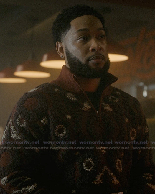 Emmett's red textured quarter zip sweater on The Chi