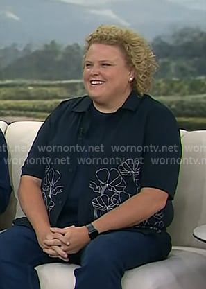 Fortune Feimster's navy floral embroidered shirt on Today