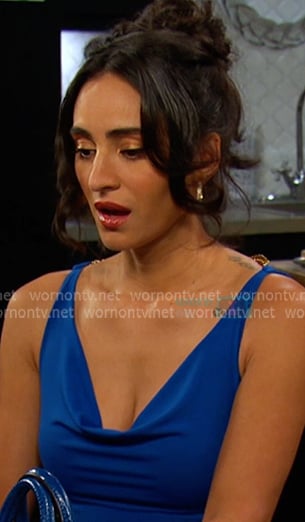 Gabi's blue cowl neck jumpsuit on Days of our Lives