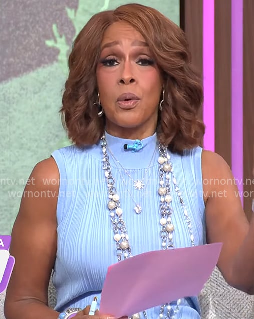 Gayle King's sky blue rib knit dress on CBS Mornings