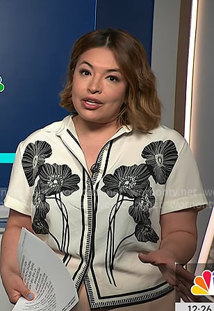 Gilma Avalos's white and black floral print shirt on NBC News Daily
