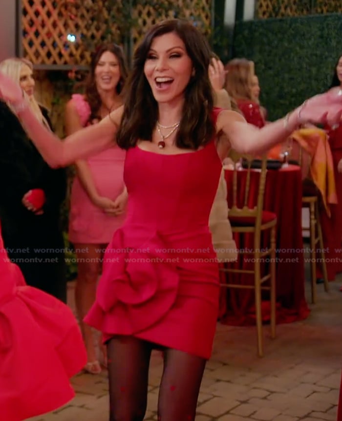 Heather's red ruffle corset mini dress on The Real Housewives of Orange County