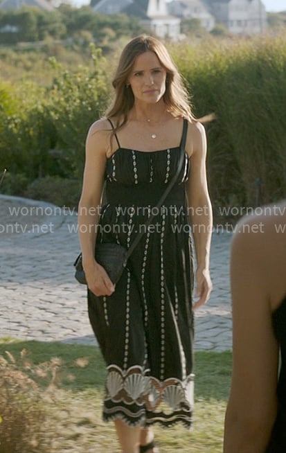 Hollis' black embroidered midi dress on The Five Star Weekend