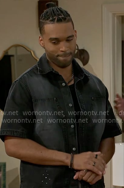 Izaiah's black denim shirt on Beyond the Gates
